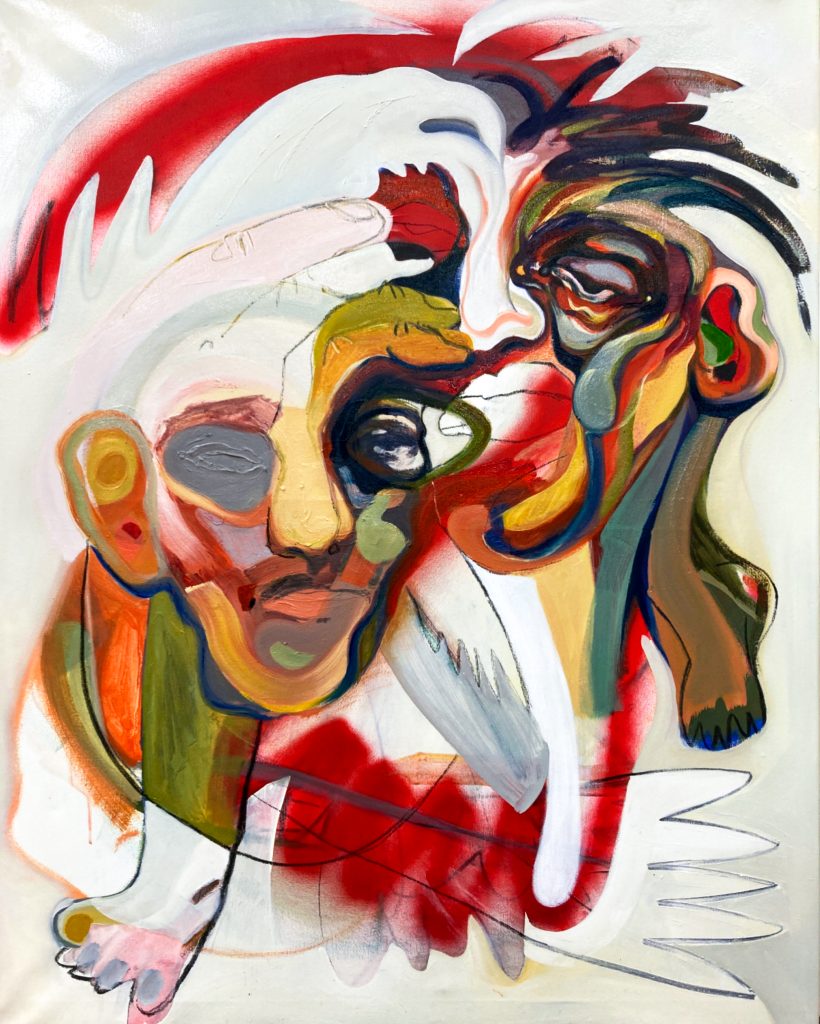 Gemälde ENTZWEI zeigt zwei Gesichter aus Öl, Acryl und Kohle auf Leinwand von Belén Nicole Otto Ruiz.